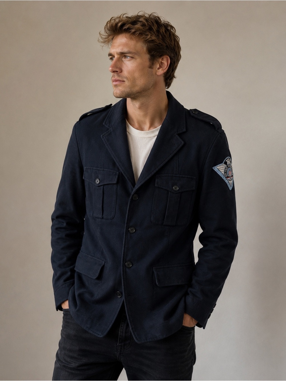 Juicy Couture Vintage Navy Military-Style Blazer With Epaulettes & Patches